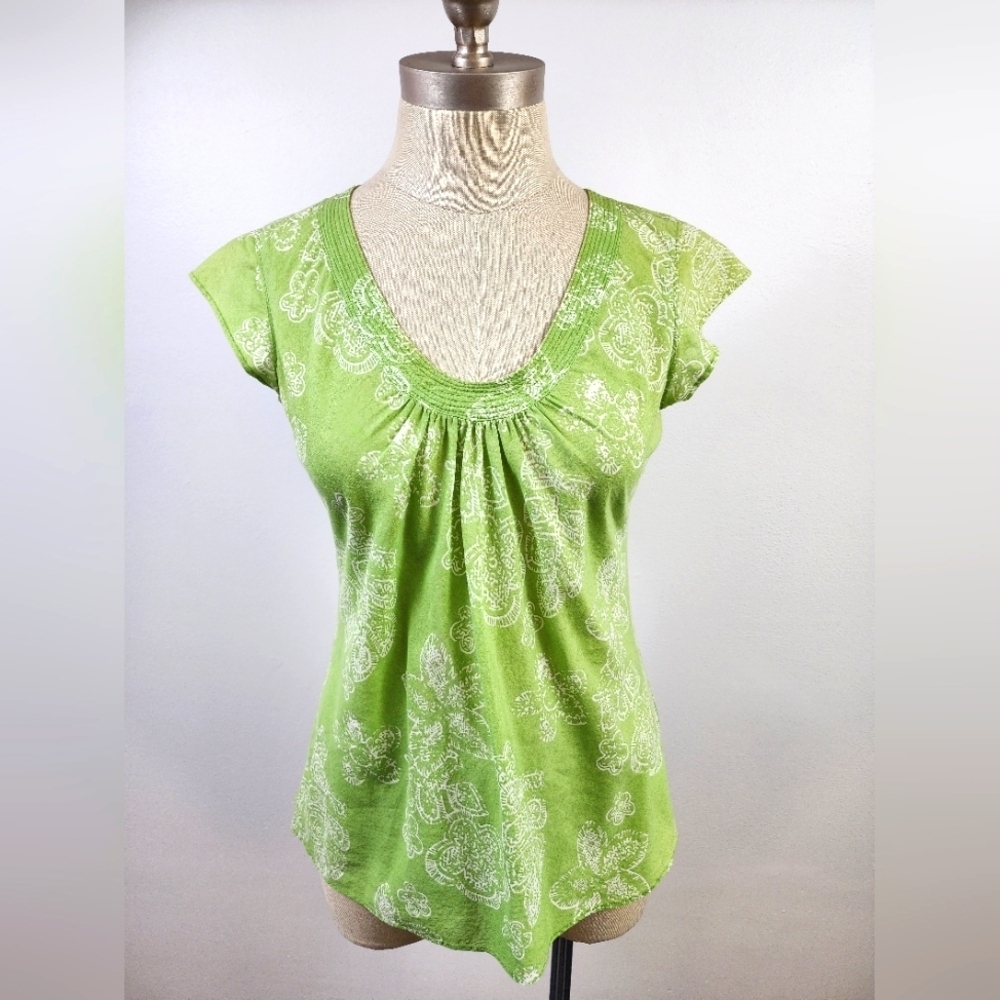 Banana Republic Green Women's Top White Leaf Pattern Cap Sleeves, sz XS